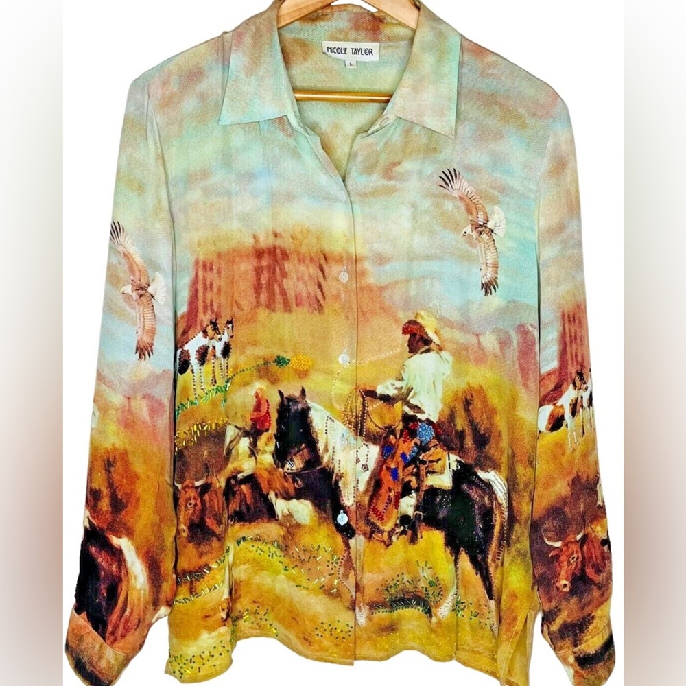 Pastel Western Print Button-Up Blouse - Multicolor